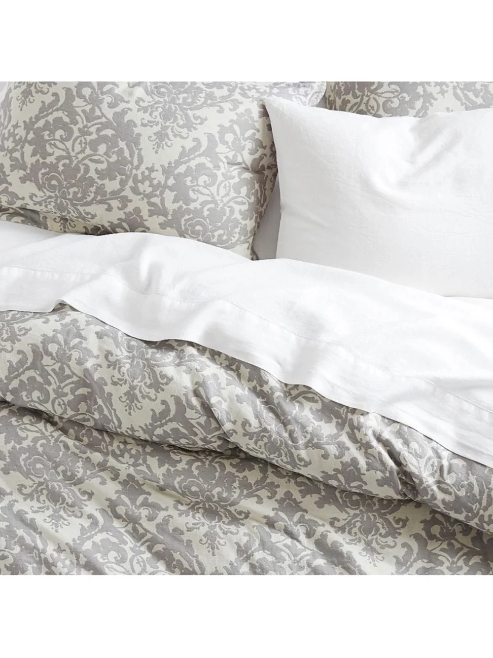 Pottery Barn Jacquard Medallion Cotton Linen Queen Duvet Cover Gray Taupe Scroll